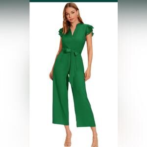 WDIRARA Women's Layered Ruffle Cap Sleeve Notched V Neck Belted Jumpsuit Med